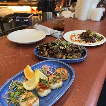 Schooners Monterey - L to R: Seared scallops, Brussel sprouts, and steak small plate at the bar - Seafood Near Me - Monterey, California Schooners Monterey - L to R: Seared scallops, Brussel sprouts, and steak small plate at the bar - Seafood Near Me - Monterey, California