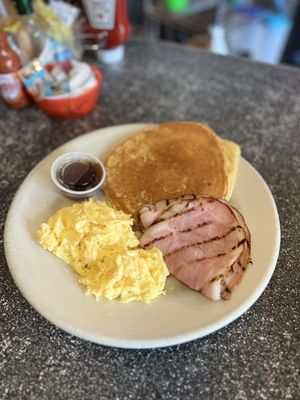 Photo of Thumbs Up Diner - Atlanta, GA, US. Pancake, Scrambled Eggs and Ham