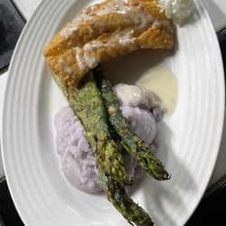 Daytona Steakhouse And Wine Bar - Sea Bass with Asparagus over Peruvian potatoes