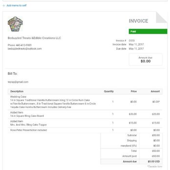 Bedazzled Treats - The review of teyia,p stating we scammed her is false this is a full invoice that stated she signed a contract - Bakeries Near Me Bedazzled Treats - The review of teyia,p stating we scammed her is false this is a full invoice that stated she signed a contract - Bakeries Near Me