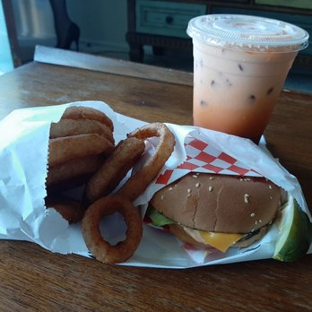 Burger Basket - Cheeseburger, onion rings, Thai tea - Burgers Near Me - Monrovia, California