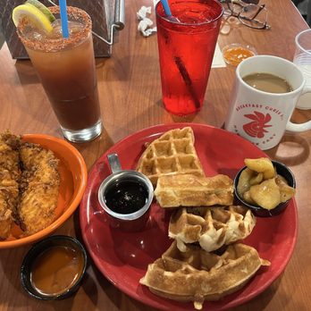 HangOverEasy - Chicken and waffles with apple cinnamon topping, a Bloody Mary, and coffee. - Breakfast & Brunch Near Me - Columbus, Ohio HangOverEasy - Chicken and waffles with apple cinnamon topping, a Bloody Mary, and coffee. - Breakfast & Brunch Near Me - Columbus, Ohio