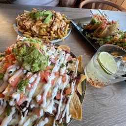 Asada nachos , shrimp Cali Fries, margarita