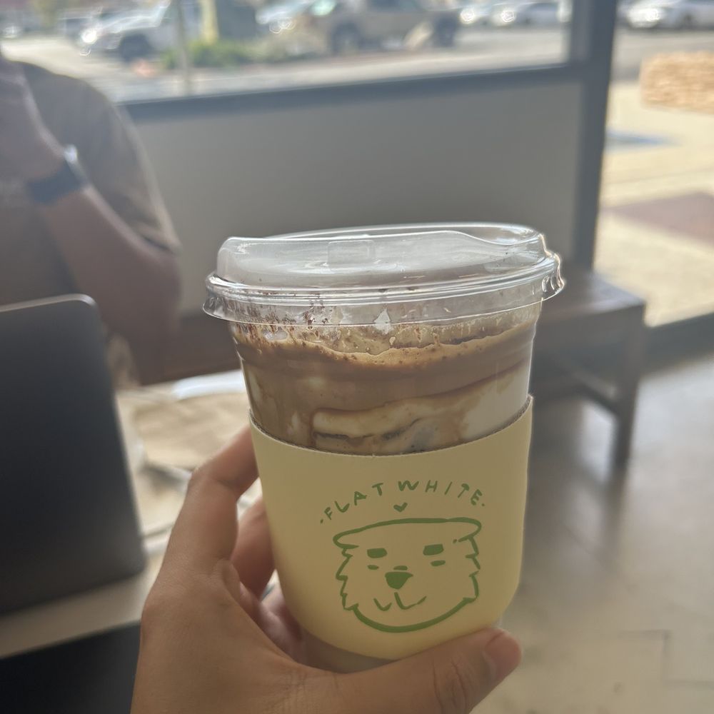 Flat White Coffee - einspanner, cute cup sleeve - Cafes Near Me - Cypress, California Flat White Coffee - einspanner, cute cup sleeve - Cafes Near Me - Cypress, California