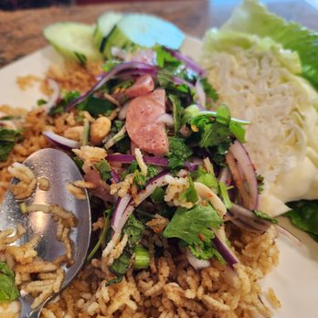 Renu Nakorn - Minced issan sausage mixed with green onion, fresh chili, ginger, peanuts, crispy rice and lime juice - Thai Near Me - Norwalk, California