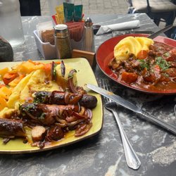 The Playwright - Bangers & mash on the left and Irish beef stew on the right.
