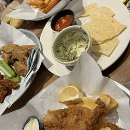 fried fish, chips, and dips