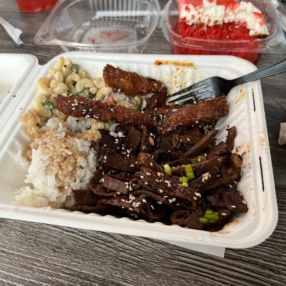 Hungry Hawaiian Provo - Two 2 Meat Plate with Grilled Kalbi Beef, Furikake Garlic Chicken Mac salad and guava cake. Amazing! - Hawaiian Near Me - Provo, Utah Hungry Hawaiian Provo - Two 2 Meat Plate with Grilled Kalbi Beef, Furikake Garlic Chicken Mac salad and guava cake. Amazing! - Hawaiian Near Me - Provo, Utah