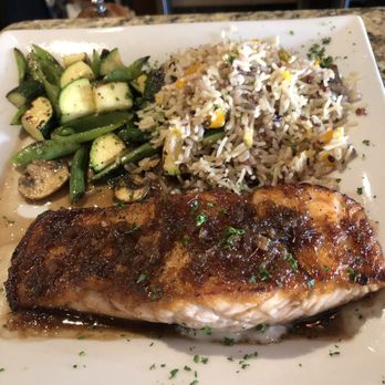 The Twisted Cork - Ginger infused Salmon with rice pilaf and fresh local veggies yummy good the salmon melted in my mouth - Wine Bars Near Me - Grants Pass, Oregon