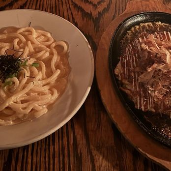 Tomi Jazz - Stir-Fried Cod Roe Udon (left), Okonomiyaki (right) - Japanese Near Me - New York, New York Tomi Jazz - Stir-Fried Cod Roe Udon (left), Okonomiyaki (right) - Japanese Near Me - New York, New York