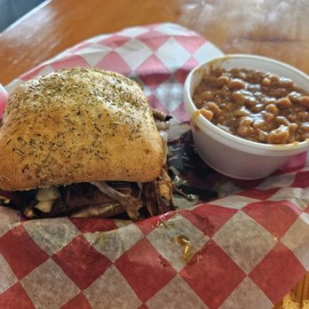 Real Deal Smoke House - Brisket sandwich with baked beans - Smokehouse Near Me - Challis, Idaho