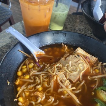 Kinley's Tea House - Spicy beef broth ramen with tofu, bean sprouts, jalapeño, and extra sweet corn. A Thai iced tea and a matcha iced tea - Tea Rooms Near Me - El Paso, Texas