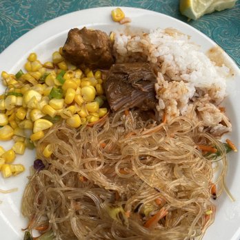 FOB Kitchen - My first helping of noodles, corn, and the AMAZING pork with that sauce - - glad I snapped a shot; it was gone so fast!! - Filipino Near Me - Oakland, California
