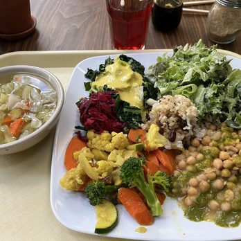Casa de Luz East - Friday healing goodness of rice, chickpeas, turmeric vegetables, vegetable soup, salad, and pickled vegetables. - Vegan Near Me - Austin, Texas Casa de Luz East - Friday healing goodness of rice, chickpeas, turmeric vegetables, vegetable soup, salad, and pickled vegetables. - Vegan Near Me - Austin, Texas