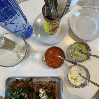 Florentin - Eggplant 2 ways, mohammara, green tahini, tzatziki - Mediterranean Near Me - St. Louis, Missouri