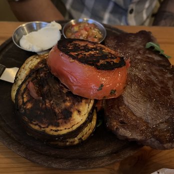 Fiorito - Bife de chorizo . ny steak / grilled tomato & eggplant / salsa criolla / blue cheese - Argentine Near Me - Miami, Florida Fiorito - Bife de chorizo . ny steak / grilled tomato & eggplant / salsa criolla / blue cheese - Argentine Near Me - Miami, Florida