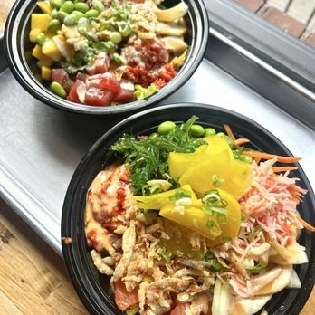 Oishii Poké - Top: tuna and spicy tuna poke and bottom: salmon and spicy salmon poke - Japanese Near Me - Philadelphia, Pennsylvania Oishii Poké - Top: tuna and spicy tuna poke and bottom: salmon and spicy salmon poke - Japanese Near Me - Philadelphia, Pennsylvania