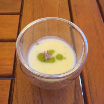 Madera - Corn soup with a drizzle of jalapeño oil. So delicious! - New American Near Me - Menlo Park, California Madera - Corn soup with a drizzle of jalapeño oil. So delicious! - New American Near Me - Menlo Park, California