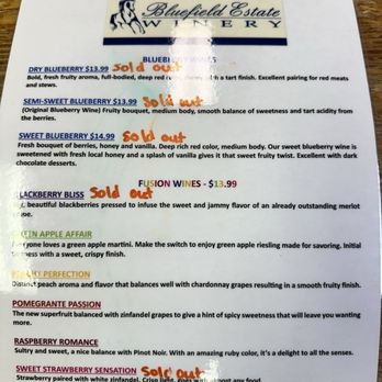 Bluefield Estate Winery - Wine tasting menu. Unfortunately, only 4 out of the 9 were available but because of this they did offer the wine tasting for free. - Wineries Near Me - Gainesville, Florida