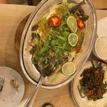 When In Bangkok - Pla Ma Nao - steamed seabass with cilantro, lime, and a spicy seafood sauce - Thai Near Me - Flushing, New York When In Bangkok - Pla Ma Nao - steamed seabass with cilantro, lime, and a spicy seafood sauce - Thai Near Me - Flushing, New York