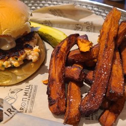 Iron Hill Brewery & Restaurant - Asian Salmon Burger with Sweet Potation Fries