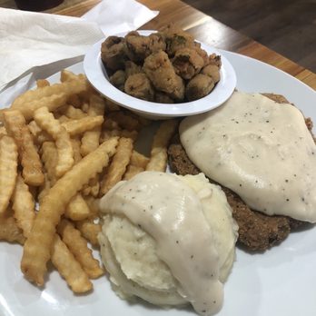 Manna Restaurant And General Store - Chicken fried steak, mashed potatoes,fries, and okra - American Near Me - Jackson, Alabama