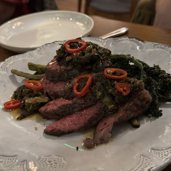Roux SLC - Hanger Steak with charred scallion negi shio and tahini grilled broccolini - Italian Near Me - Salt Lake City, Utah
