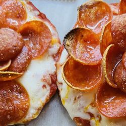 Charred pepperoni mini bagel pizza