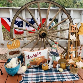 McDavid's Cafe - a wagon wheel, pumpkins and other decorations - Breakfast & Brunch Near Me - Steinhatchee, Florida