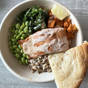 Urbane Cafe - Salmon bowl with gluten free focaccia - Sandwiches Near Me - Oceanside, California