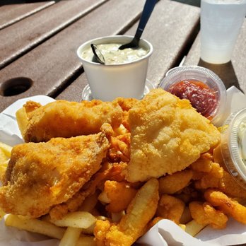 Lil Hut - Combo meal with fish and chips and clam strips, sides of cocktail sauce and tartar sauce - Seafood Near Me - Morro Bay, California
