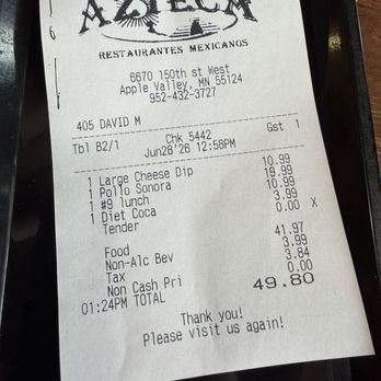 El Azteca - The bill - Mexican Near Me - Apple Valley, Minnesota