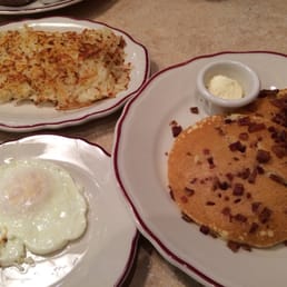 Short stack bacon pancakes plus egg over medium and hash browns.