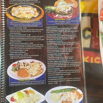 El Rinconcito - Menu page listing Mexican chicken dishes and fajitas, including pollo loco con chorizo, shrimp fajitas, and vegetarian options. Descriptions detail ingredients, preparation, and prices, with some dishes served with rice, beans, or tortillas. The menu is bilingual, with English and Spanish sections, and includes images of some dishes. - Desserts Near Me - Delphi, Indiana