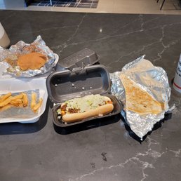 Feast: Cookout Style hot dogs, beef quesadilla, and bbq pork sandwich