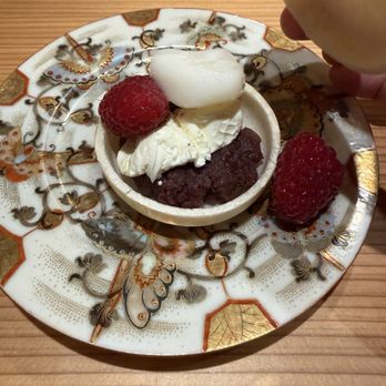 Hashiri Bettei Kaiseki Aoki - Okashi: Monaka (raspberries, mochi, red beans azuki, mascarpone?) in a light shell - Japanese Near Me - Saratoga, California Hashiri Bettei Kaiseki Aoki - Okashi: Monaka (raspberries, mochi, red beans azuki, mascarpone?) in a light shell - Japanese Near Me - Saratoga, California
