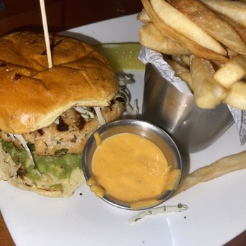 54 Main Bar and Grille - Salmon Burger with spicy aioli on side - Sports Bars Near Me - Madison, New Jersey 54 Main Bar and Grille - Salmon Burger with spicy aioli on side - Sports Bars Near Me - Madison, New Jersey