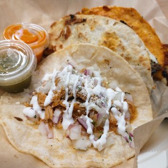La Olla - Tinga taco front and center, asada quesadilla middle, quesabirria behind. - Tacos Near Me - San Gabriel, California