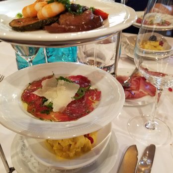 Lambertus - Three layer appetizers: Antipasti with Louisiana shrimp w/ cocktail sause; Black Angus beef tartar; Chicken salad w/ curry and pineapple. - German Near Me - Wiesbaden, HE