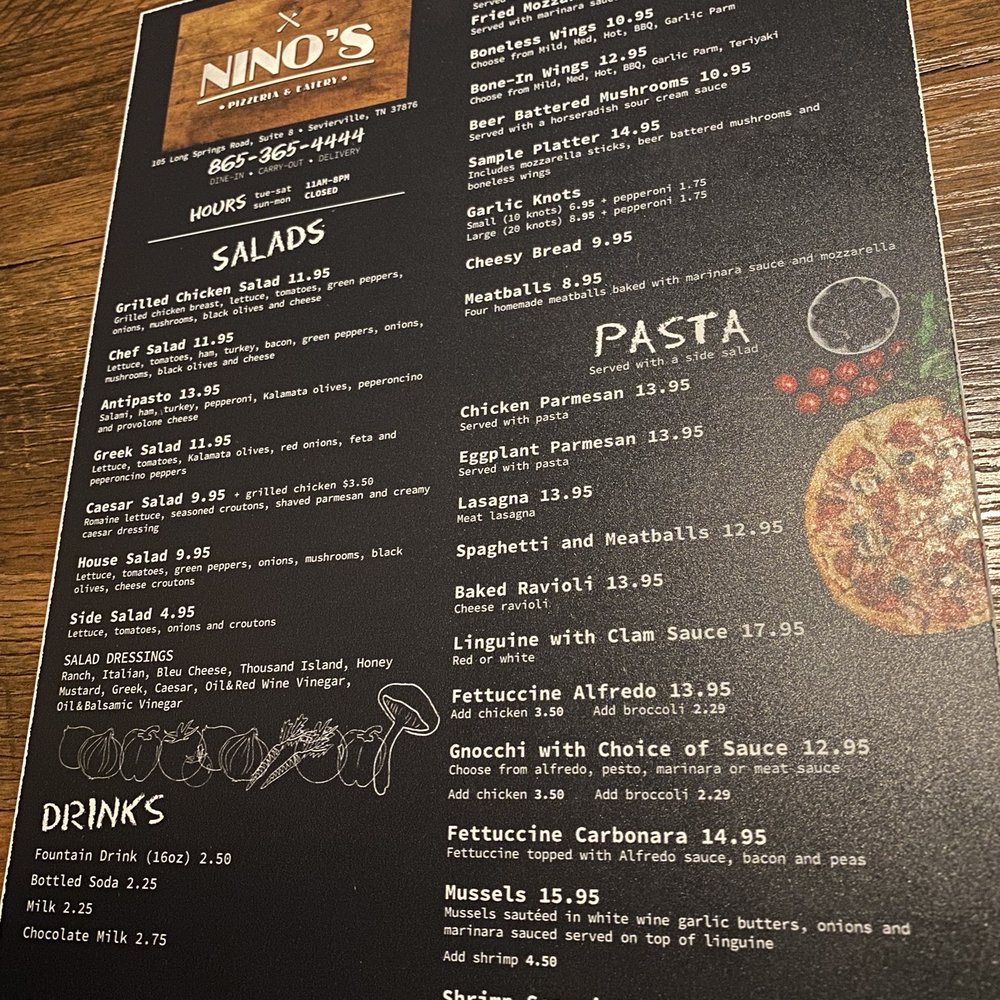 Nino's Pizzeria & Eatery - Menu 1/26/23 - Pizza Near Me - Sevierville, Tennessee Nino's Pizzeria & Eatery - Menu 1/26/23 - Pizza Near Me - Sevierville, Tennessee