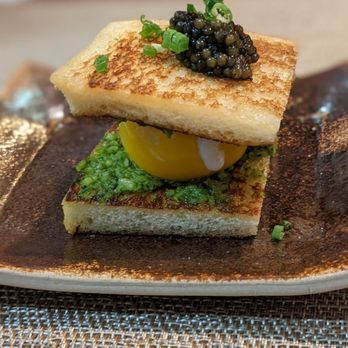 Miyo's Restaurant - Sous vide egg with pesto in between Japanese bread with sturgeon caviar on top. - Izakaya Near Me - Hilo, Hawaii Miyo's Restaurant - Sous vide egg with pesto in between Japanese bread with sturgeon caviar on top. - Izakaya Near Me - Hilo, Hawaii
