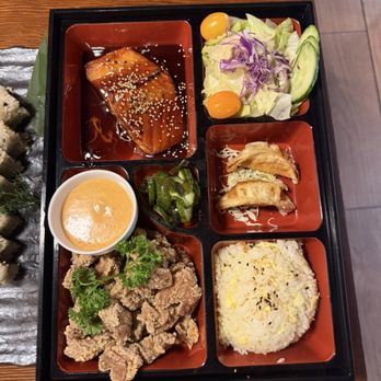 Tsukiyo Sushi - Bento Box: chicken karaage & salmon teriyaki - Sushi Bars Near Me - Westminster, California Tsukiyo Sushi - Bento Box: chicken karaage & salmon teriyaki - Sushi Bars Near Me - Westminster, California