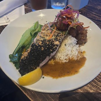The Fish Hopper - Sesame crusted blackened salmon with coconut prawns - Seafood Near Me - Monterey, California The Fish Hopper - Sesame crusted blackened salmon with coconut prawns - Seafood Near Me - Monterey, California
