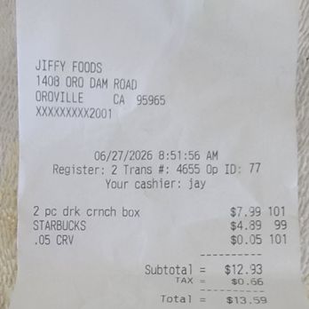 Jiffy Food Stores - June 27 2026 receipt - Grocery Near Me - Oroville, California Jiffy Food Stores - June 27 2026 receipt - Grocery Near Me - Oroville, California