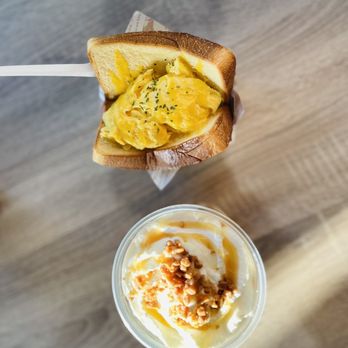 Something Sweet Cafe - Eggcellent and caramel banana latte - Desserts Near Me - Burnaby, British Columbia Something Sweet Cafe - Eggcellent and caramel banana latte - Desserts Near Me - Burnaby, British Columbia