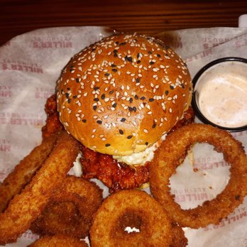 Miller's Ale House - Nashville Hot Chicken sandwich,  very good but extremely messy! - Sports Bars Near Me - Seminole, Florida