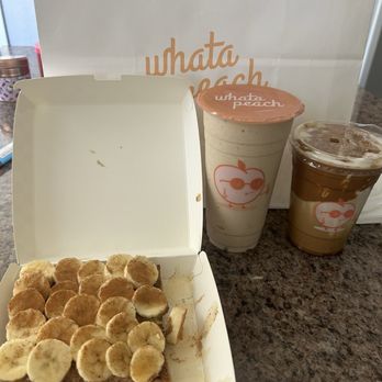 Whata Peach - Banana Toast and PB + Banana 24oz and Cookie Butter Latte (Iced) - Juice Bars & Smoothies Near Me - Studio City, California Whata Peach - Banana Toast and PB + Banana 24oz and Cookie Butter Latte (Iced) - Juice Bars & Smoothies Near Me - Studio City, California