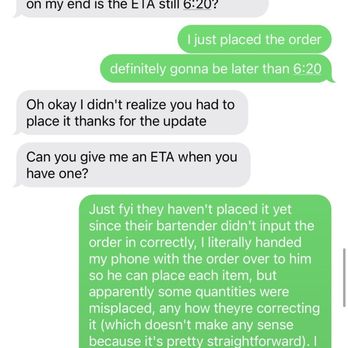 Taverna - communication with the Favor customer in regards to the status of her order. The bartender has no clue what they are doing - Italian Near Me - Austin, Texas Taverna - communication with the Favor customer in regards to the status of her order. The bartender has no clue what they are doing - Italian Near Me - Austin, Texas