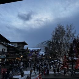 View of the park with Christmas lights and restaurants View of the park with Christmas lights and restaurants
