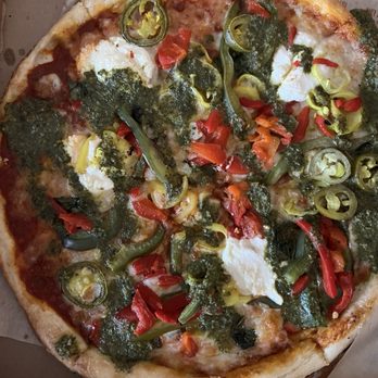 Blaze Pizza - Pizza drowned in pesto sauce that was listed as a drizzle! - Salad Near Me - Ft. Wayne, Indiana
